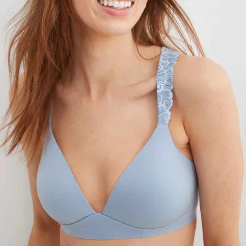 NWT Aerie Sunnie Bloom Lace Strap Wireless Lightly Lined Bra 32AA Blue Strappy
